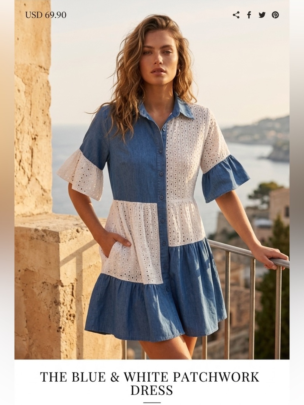 Dress Day Blue and White Eyelet Patchwork Dress